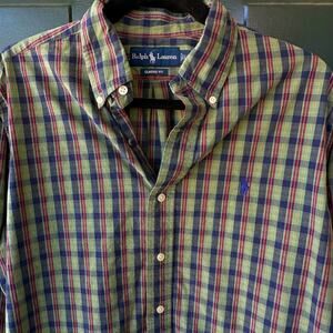 Ralph Lauren Classic Fit Plaid Shirt L Fall Colors Green Navy Burgundy Cotton